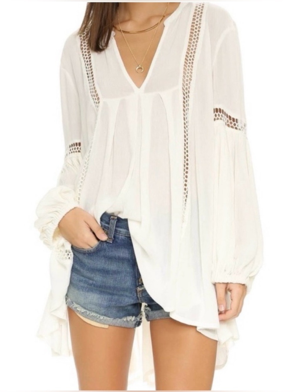 FREE PEOPLE-  White Hippie Crochet-Trim V-Neck Tunic